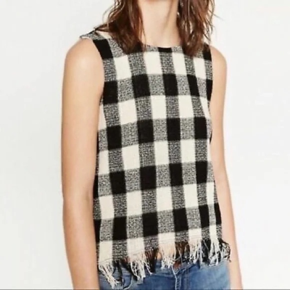 Zara Boxy Ivory/Black Checkered Top w Fringe